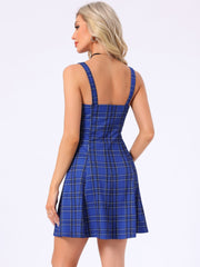 Plaid Zipper Front Party Strap Sleeveless Tube Mini A-Line Dress