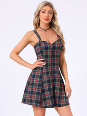 Plaid Zipper Front Party Strap Sleeveless Tube Mini A-Line Dress