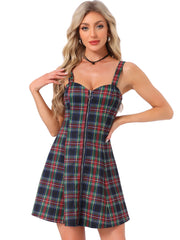 Plaid Zipper Front Party Strap Sleeveless Tube Mini A-Line Dress