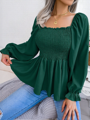 Ruffle Square Neck Smocked Long Sleeves Peplum Blouse
