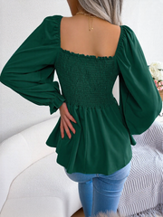 Ruffle Square Neck Smocked Long Sleeves Peplum Blouse