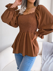 Ruffle Square Neck Smocked Long Sleeves Peplum Blouse