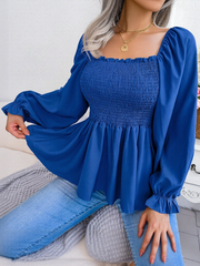 Ruffle Square Neck Smocked Long Sleeves Peplum Blouse