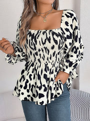 Square Neck Leopard Print Smocked Peplum Blouse