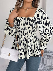 Square Neck Leopard Print Smocked Peplum Blouse