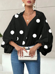 Collar V Neck Polka Dot Puff Long Sleeves Casual Blouse