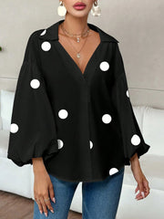 Collar V Neck Polka Dot Puff Long Sleeves Casual Blouse