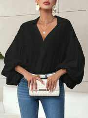 Collar V Neck Puff Long Sleeves Solid Color Blouse