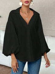 Collar V Neck Puff Long Sleeves Solid Color Blouse