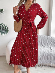 Polka Dot V Neck Pleated Midi A-Line Dress