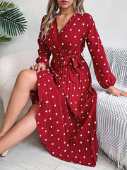 Polka Dot V Neck Pleated Midi A-Line Dress