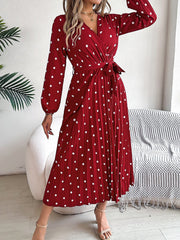 Polka Dot V Neck Pleated Midi A-Line Dress