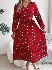 Polka Dot V Neck Pleated Midi A-Line Dress