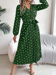 Polka Dot V Neck Pleated Midi A-Line Dress