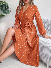 Polka Dot V Neck Pleated Midi A-Line Dress