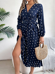 Polka Dot V Neck Pleated Midi A-Line Dress
