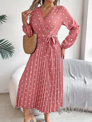 Polka Dot V Neck Pleated Midi A-Line Dress