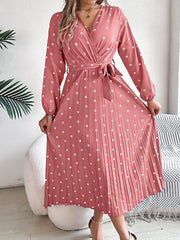 Polka Dot V Neck Pleated Midi A-Line Dress