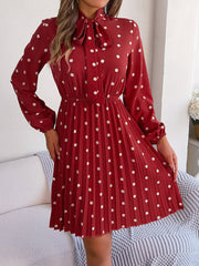 Polka Dot Bow Tie Neck Long Sleeve Pleated Dress