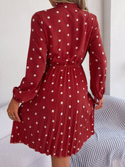 Polka Dot Bow Tie Neck Long Sleeve Pleated Dress