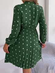 Polka Dot Bow Tie Neck Long Sleeve Pleated Dress