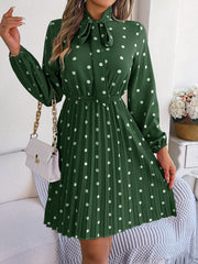 Polka Dot Bow Tie Neck Long Sleeve Pleated Dress
