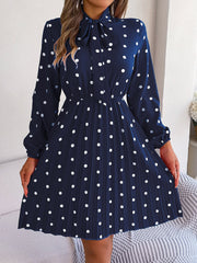 Polka Dot Bow Tie Neck Long Sleeve Pleated Dress