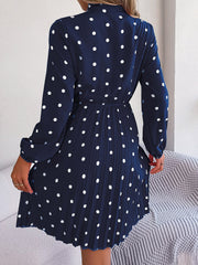 Polka Dot Bow Tie Neck Long Sleeve Pleated Dress