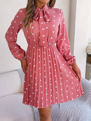 Polka Dot Bow Tie Neck Long Sleeve Pleated Dress