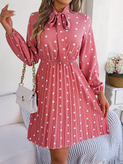 Polka Dot Bow Tie Neck Long Sleeve Pleated Dress