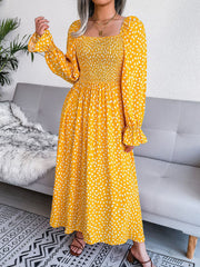 Square Neck Smocked Graphic Long Sleeve Maxi Dress