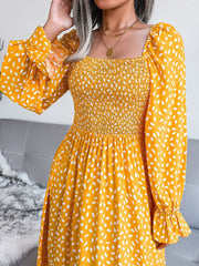 Square Neck Smocked Graphic Long Sleeve Maxi Dress