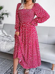 Square Neck Smocked Graphic Long Sleeve Maxi Dress