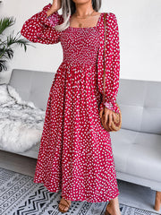 Square Neck Smocked Graphic Long Sleeve Maxi Dress