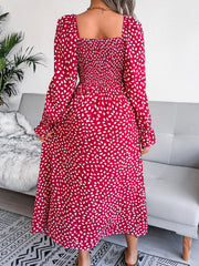 Square Neck Smocked Graphic Long Sleeve Maxi Dress