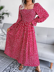 Square Neck Smocked Graphic Long Sleeve Maxi Dress