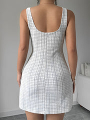 U Neck Tweed Sleeveless Plaid Bodycon Mini Dress
