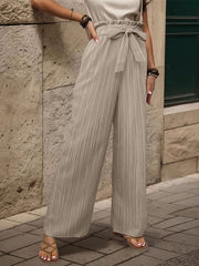 Ruffle Bow Tie Straight Legs Textured Paper Bag Pants