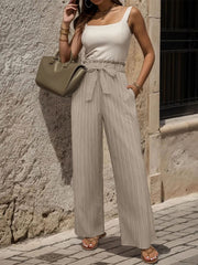 Ruffle Bow Tie Straight Legs Textured Paper Bag Pants