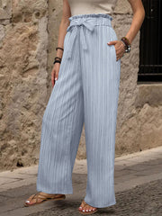 Ruffle Bow Tie Straight Legs Textured Paper Bag Pants