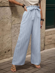 Ruffle Bow Tie Straight Legs Textured Paper Bag Pants