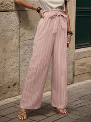 Ruffle Bow Tie Straight Legs Textured Paper Bag Pants