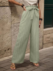 Ruffle Bow Tie Straight Legs Textured Paper Bag Pants