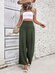 Solid Color Belted High Waist Pleated Wide Leg Pants