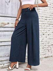 Solid Color Belted High Waist Pleated Wide Leg Pants