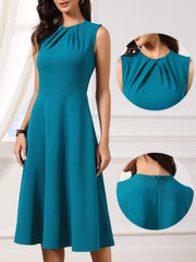 Pleated Crew Neck Sleevess Work A-Line Midi Dress
