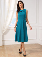 Pleated Crew Neck Sleevess Work A-Line Midi Dress