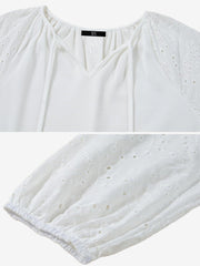 Solid Color V Neck 3/4 Sleeves Eyelet Blouse