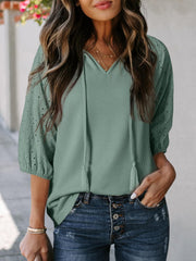 Solid Color V Neck 3/4 Sleeves Eyelet Blouse