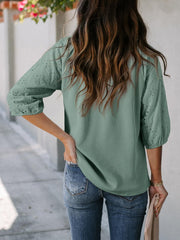 Solid Color V Neck 3/4 Sleeves Eyelet Blouse